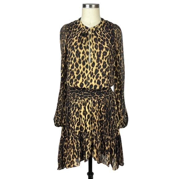 ALC Sidney Leopard Print Smocked Silk Mini Dress Women's Size 10 Glam Chiffon - Picture 1 of 9